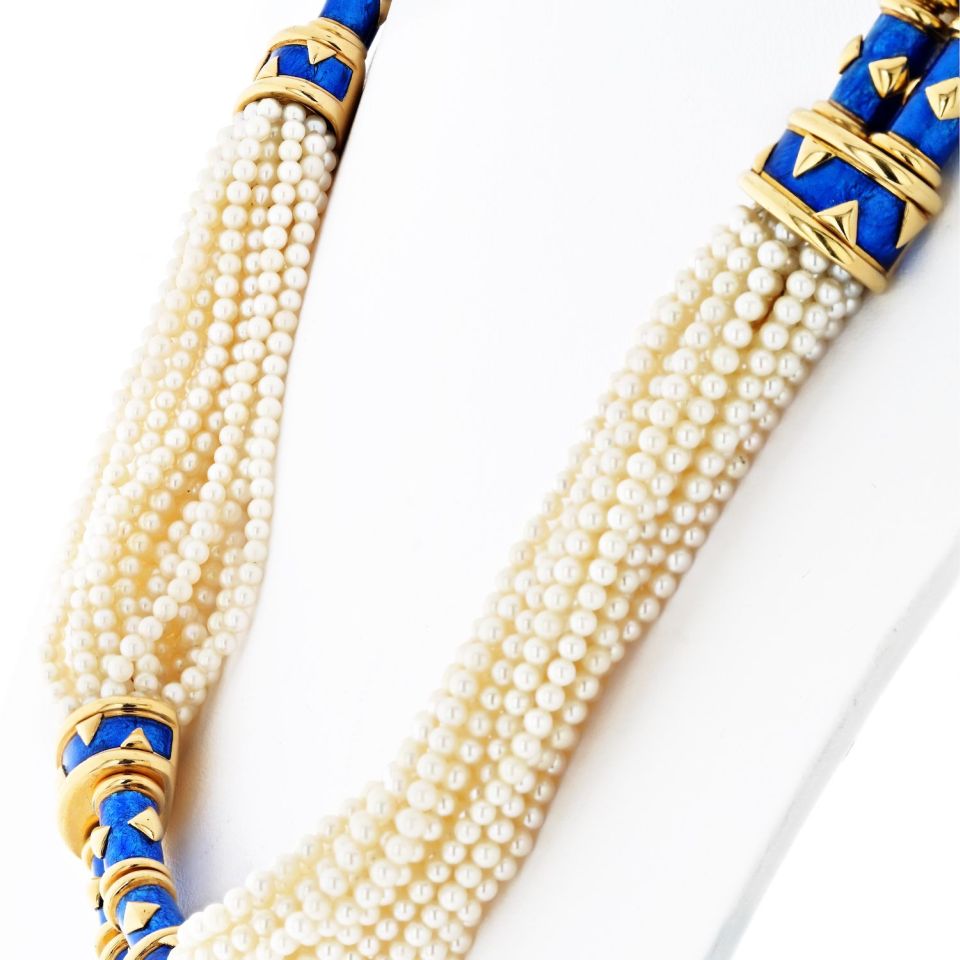 Tiffany Schlumberger 18K Gold Pearl Enamel Torsade Necklace 20"