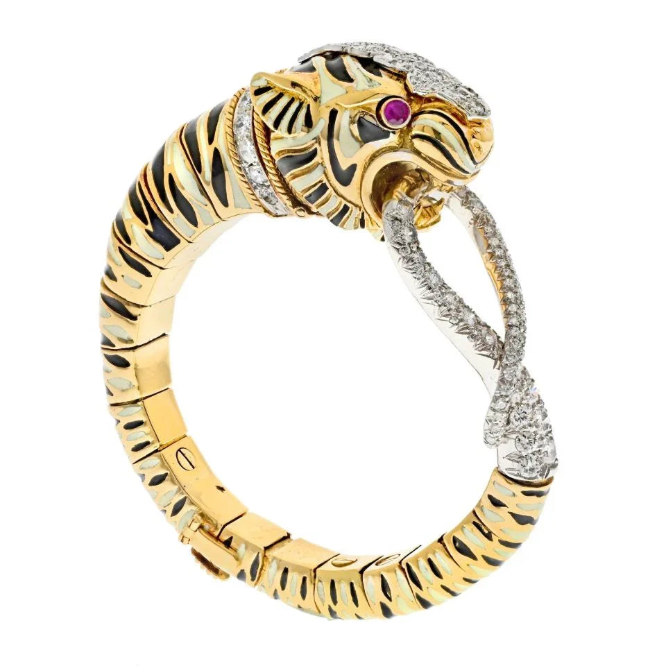 David Webb Platinum & 18K Yellow Gold White And Balck Enamel Tiger Diamond Bracelet — view 3 — Laura Milman New York
