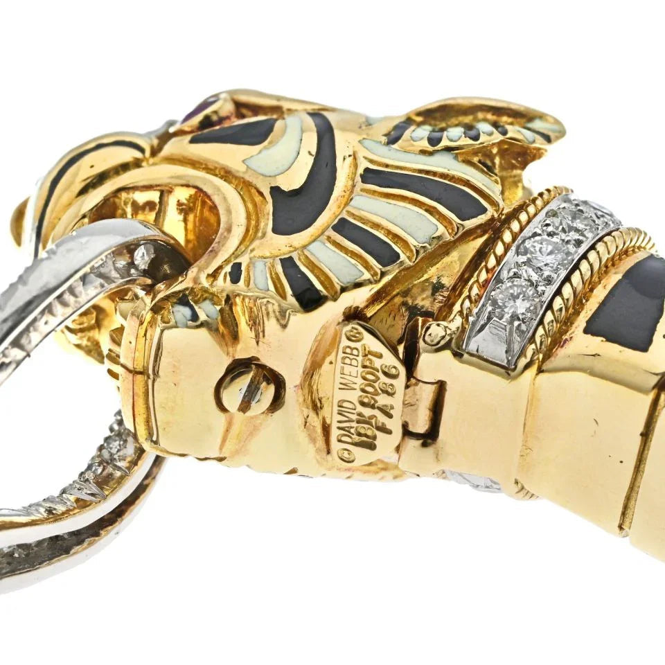 David Webb Platinum & 18K Yellow Gold White And Balck Enamel Tiger Diamond Bracelet — view 5 — Laura Milman New York
