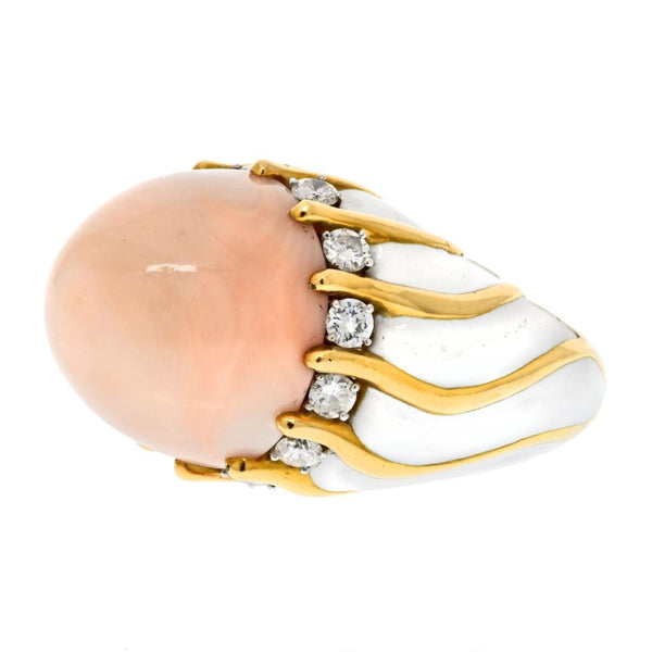 David Webb 18K Yellow Gold 1970's Coral Dome, White Enamel Diamond Ring — view 2