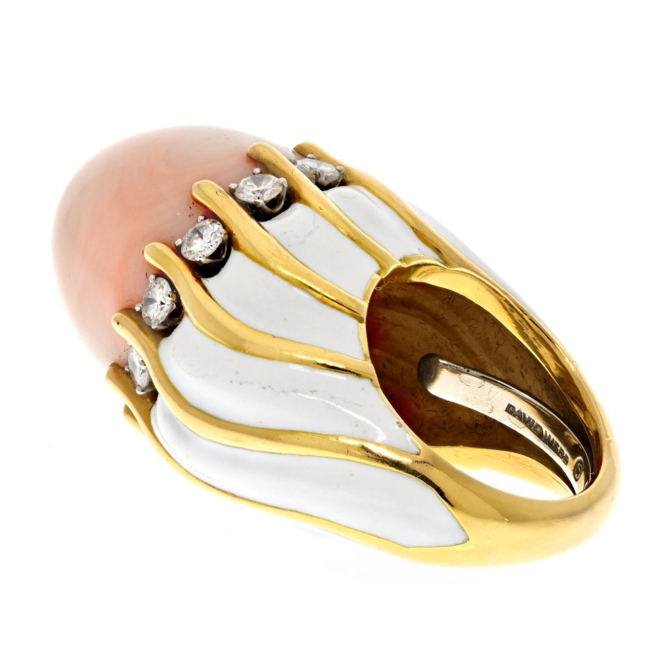 David Webb 18K Yellow Gold 1970's Coral Dome, White Enamel Diamond Ring — view 3 — Laura Milman New York