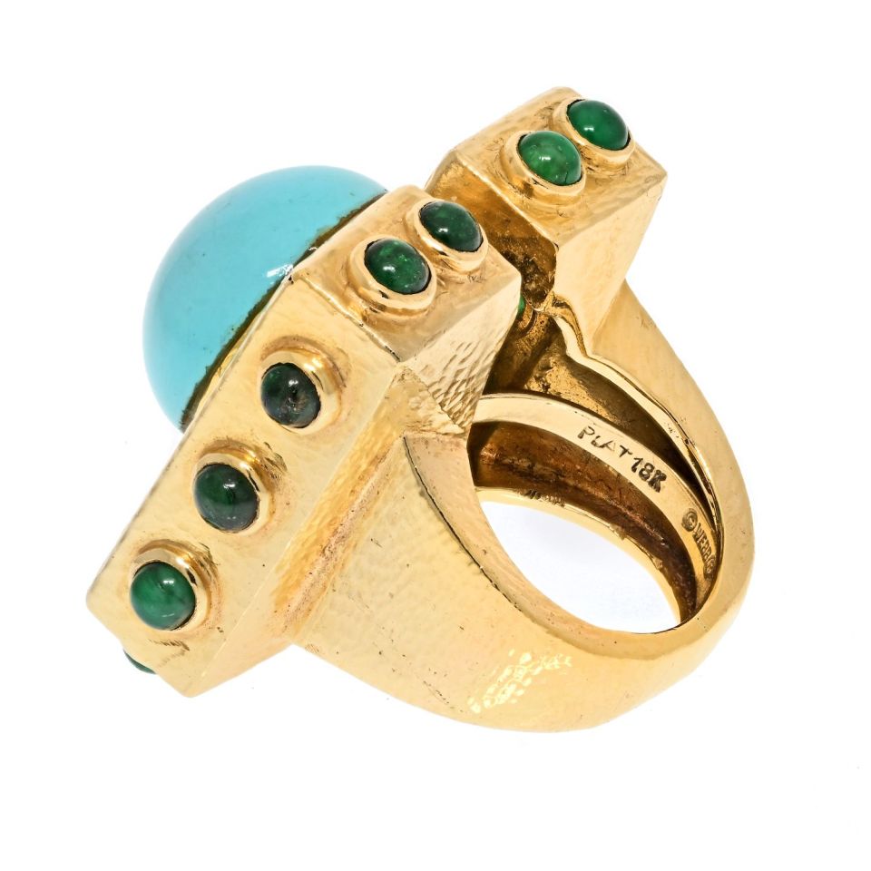 David Webb Platinum & 18K Yellow Gold Turquoise Diamond Emerald Oversized Ring — view 3 — Laura Milman New York
