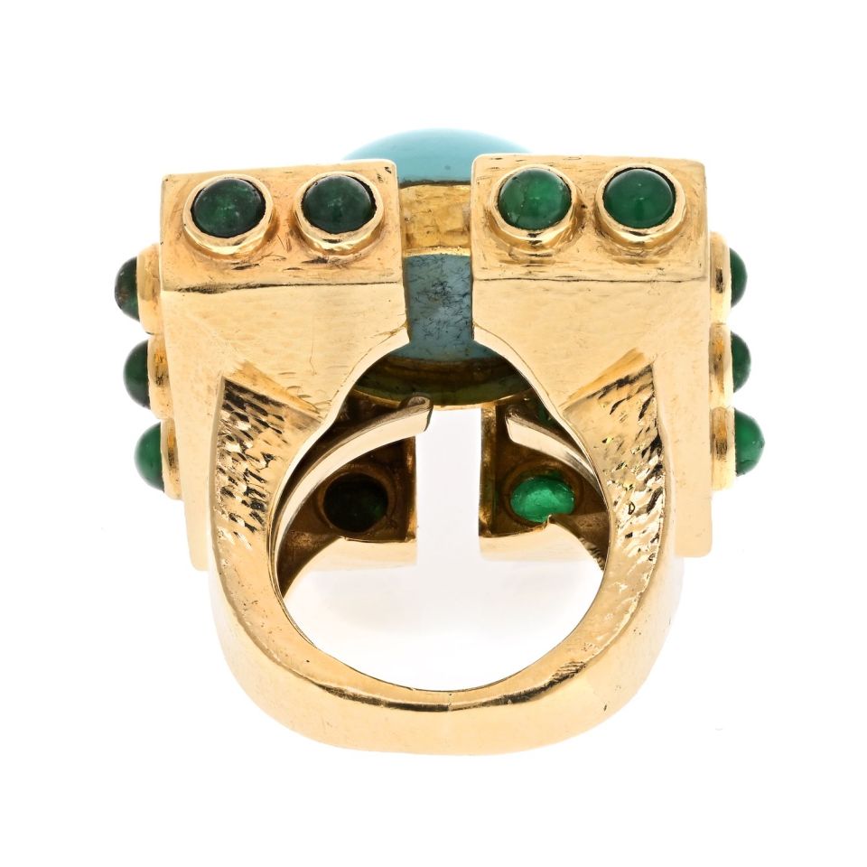 David Webb Platinum & 18K Yellow Gold Turquoise Diamond Emerald Oversized Ring — view 4 — Laura Milman New York