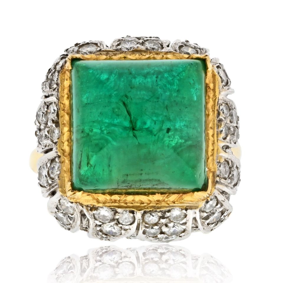 David Webb Platinum & 18K Yellow Gold 1960's Green Emerald Sugarloaf Ring — view 3 — Laura Milman New York