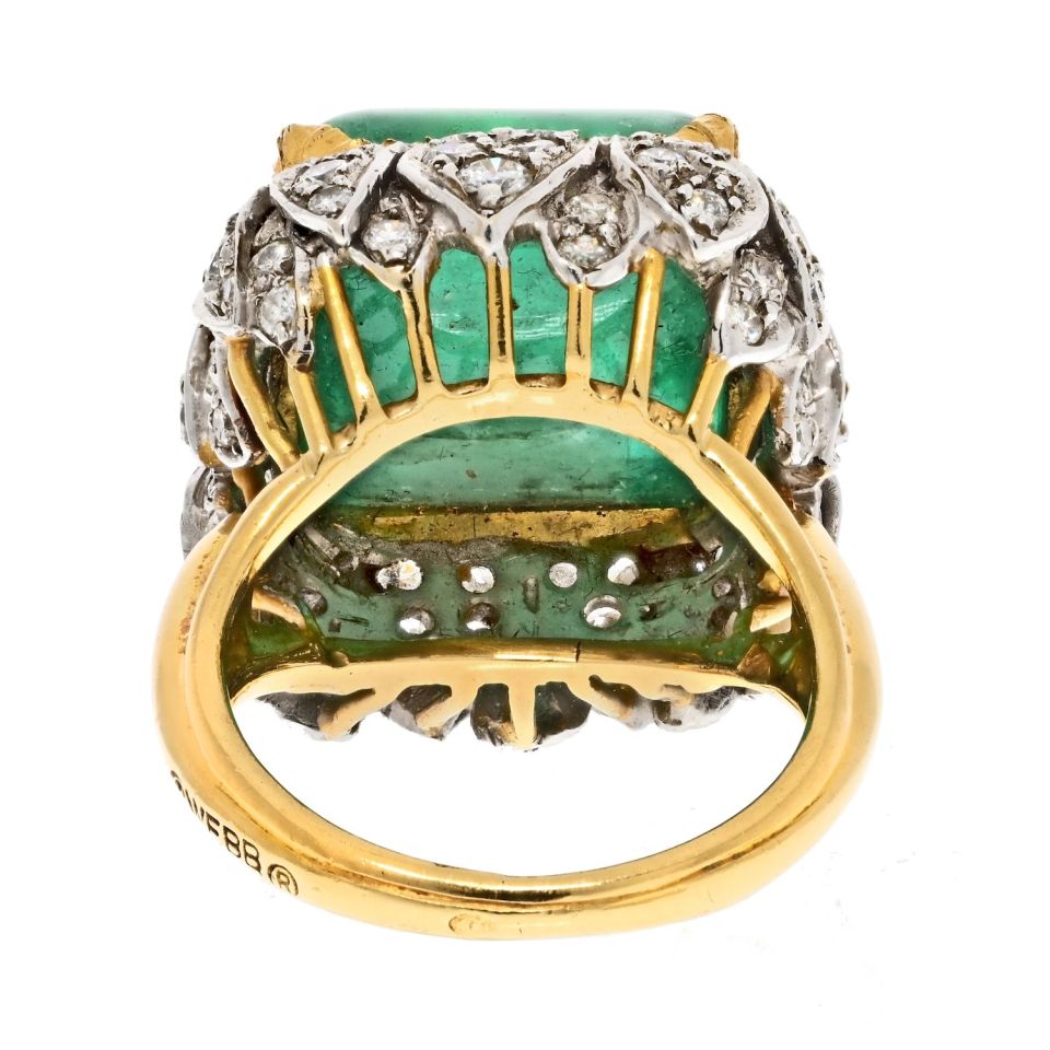 David Webb Platinum & 18K Yellow Gold 1960's Green Emerald Sugarloaf Ring — view 4 — Laura Milman New York
