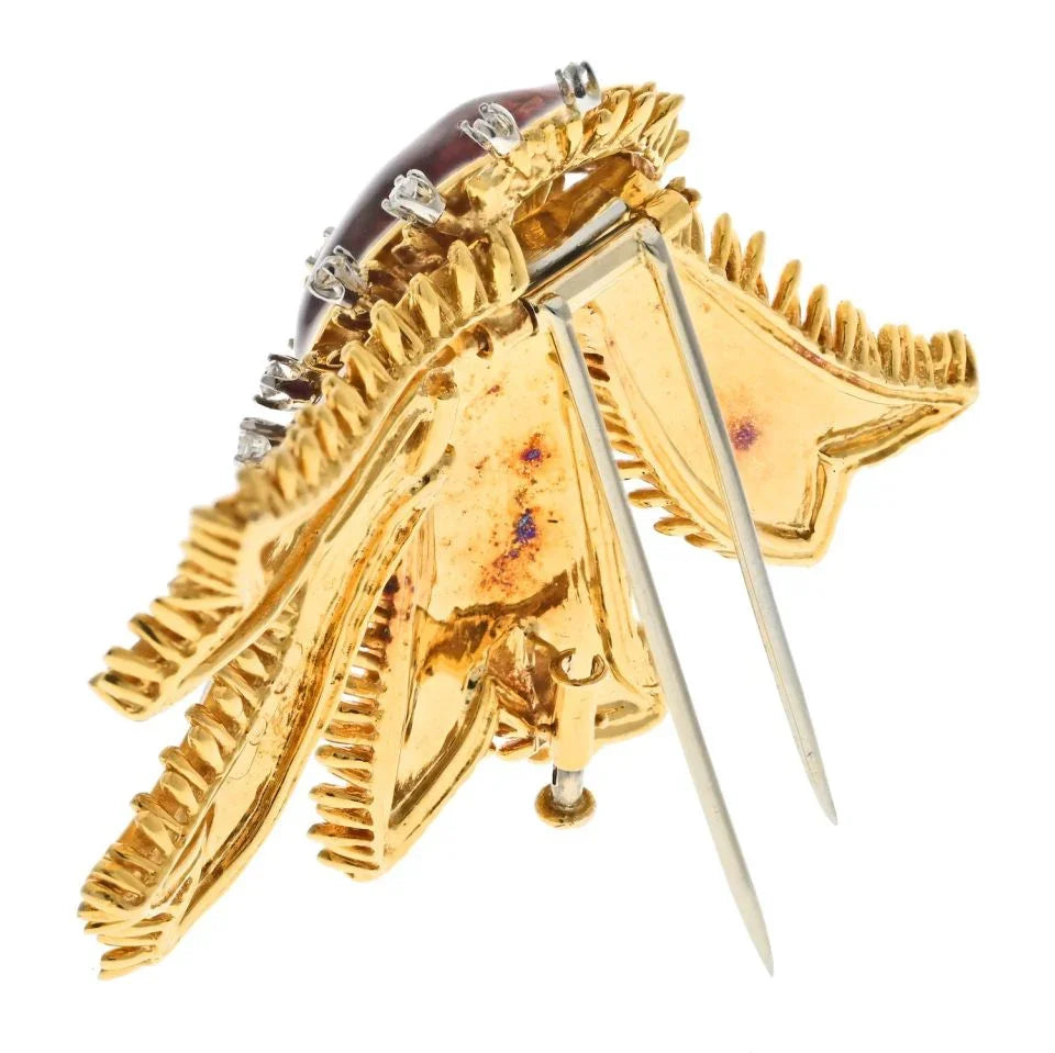 David Webb Platinum & 18K Yellow Gold Bow Ribbon Red Enamel Brooch — view 3 — Laura Milman New York