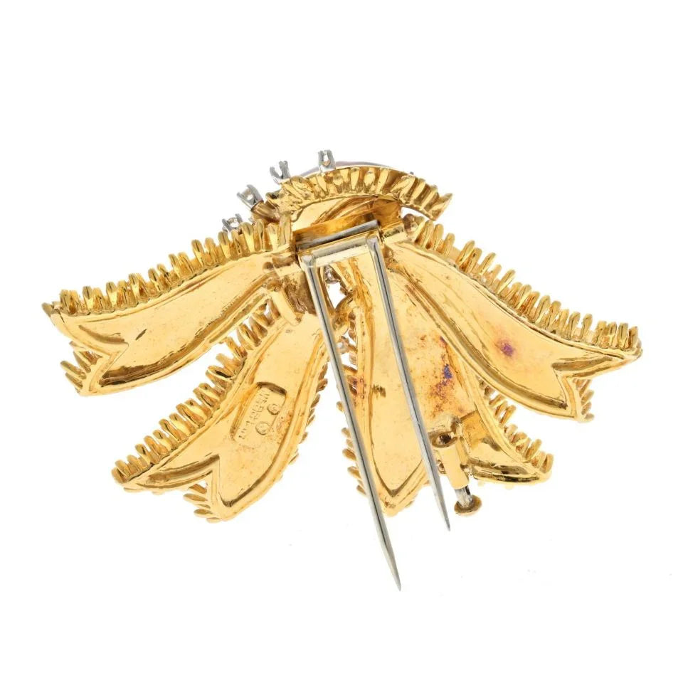 David Webb Platinum & 18K Yellow Gold Bow Ribbon Red Enamel Brooch — view 4 — Laura Milman New York