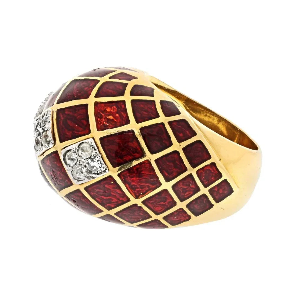David Webb Platinum & 18K Yellow Gold Red Enamel Bombe Diamond Ring — view 2 — Laura Milman New York