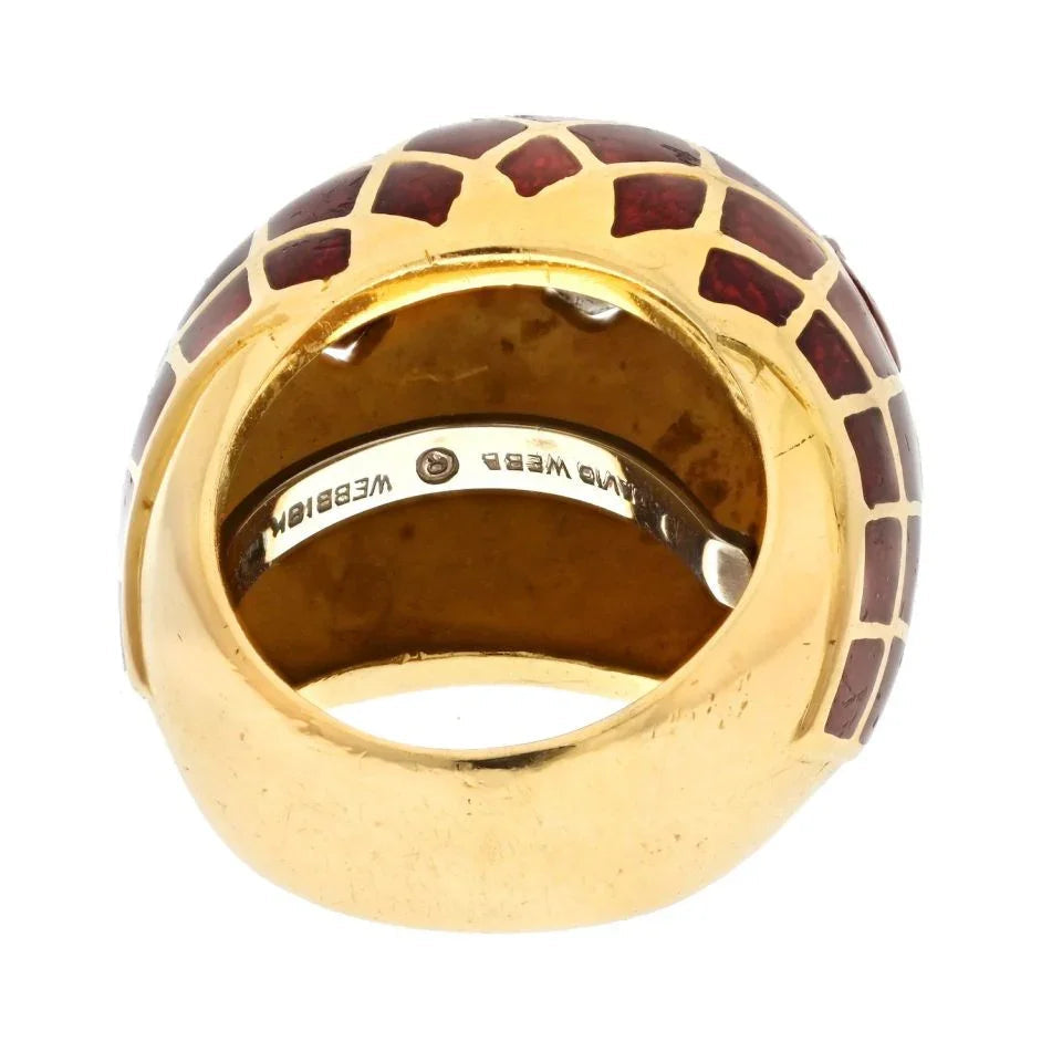 David Webb Platinum & 18K Yellow Gold Red Enamel Bombe Diamond Ring — view 4 — Laura Milman New York