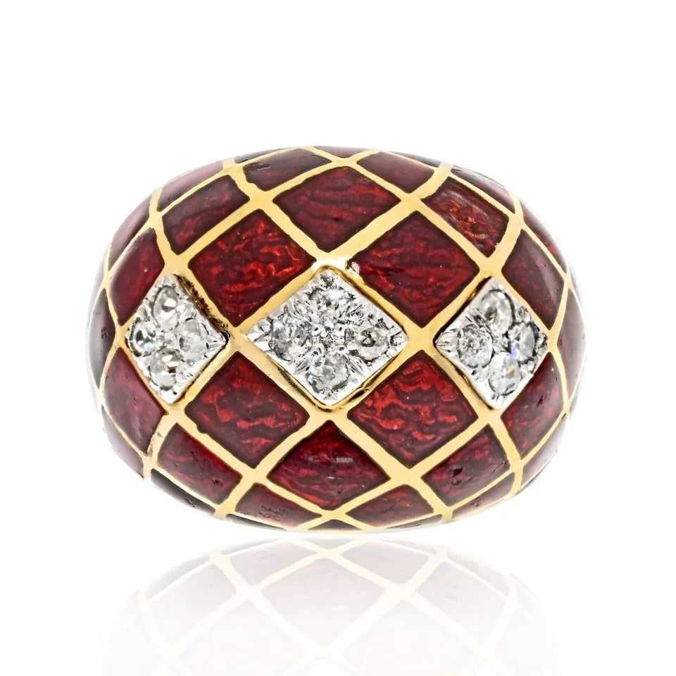 David Webb Platinum & 18K Yellow Gold Red Enamel Bombe Diamond Ring — Laura Milman New York