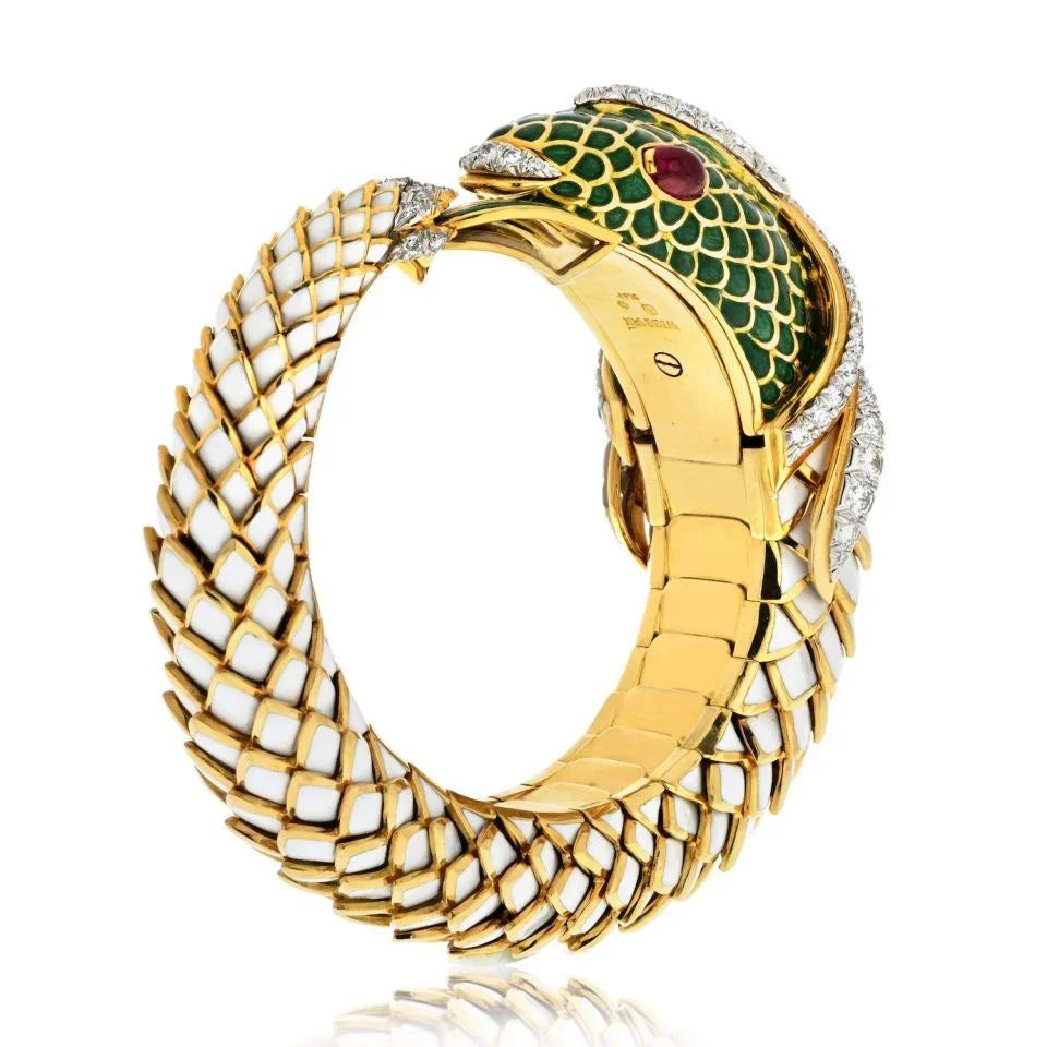 David Webb Platinum & 18K Yellow Gold Koi Fish White Enamel, Green Enamel And Diamond Bracelet — view 2 — Laura Milman New York