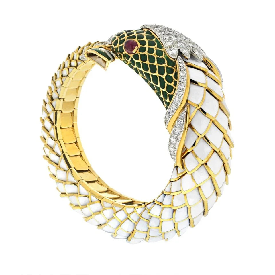 David Webb Platinum & 18K Yellow Gold Koi Fish White Enamel, Green Enamel And Diamond Bracelet — view 3 — Laura Milman New York