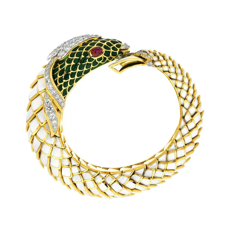 David Webb Platinum & 18K Yellow Gold Koi Fish White Enamel, Green Enamel And Diamond Bracelet — view 4 — Laura Milman New York