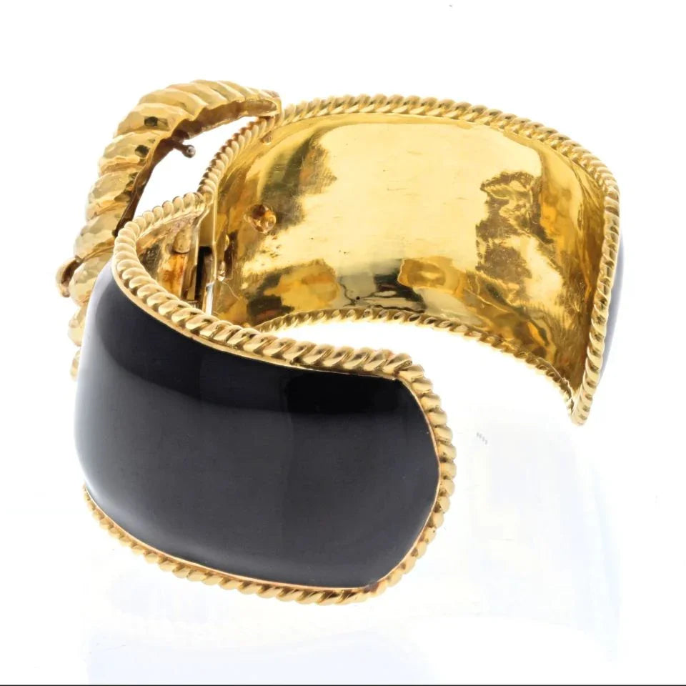 David Webb Platinum & 18K Yellow Gold Black Enamel Belt Motif Cuff Bracelet — view 3 — Laura Milman New York