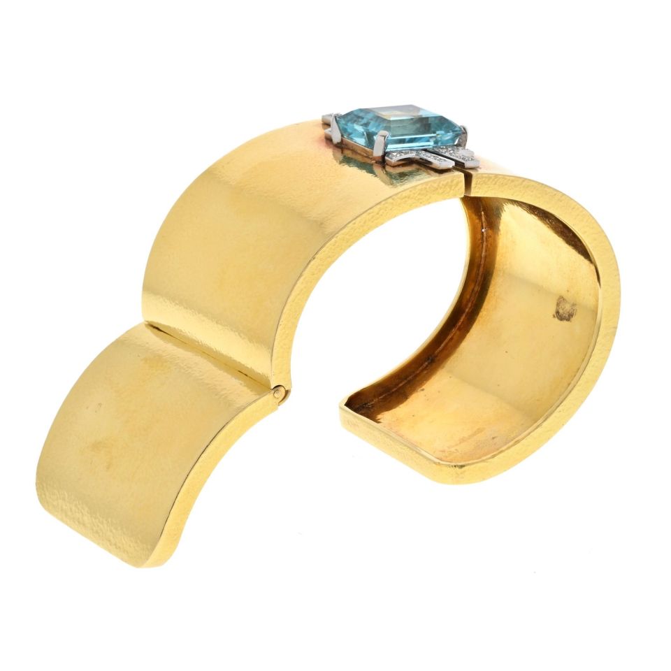 David Webb Platinum & 18K Yellow Gold Aquamarine And Diamond Hinged Cuff Bracelet — view 4 — Laura Milman New York