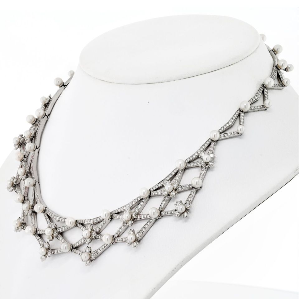 Tiffany Platinum 15ct Diamond Akoya Pearl Bib Necklace 88g