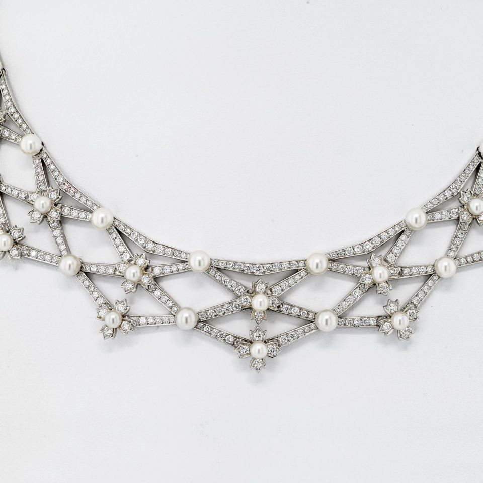 Tiffany Platinum 15ct Diamond Akoya Pearl Bib Necklace 88g