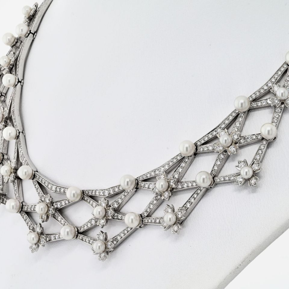 Tiffany Platinum 15ct Diamond Akoya Pearl Bib Necklace 88g