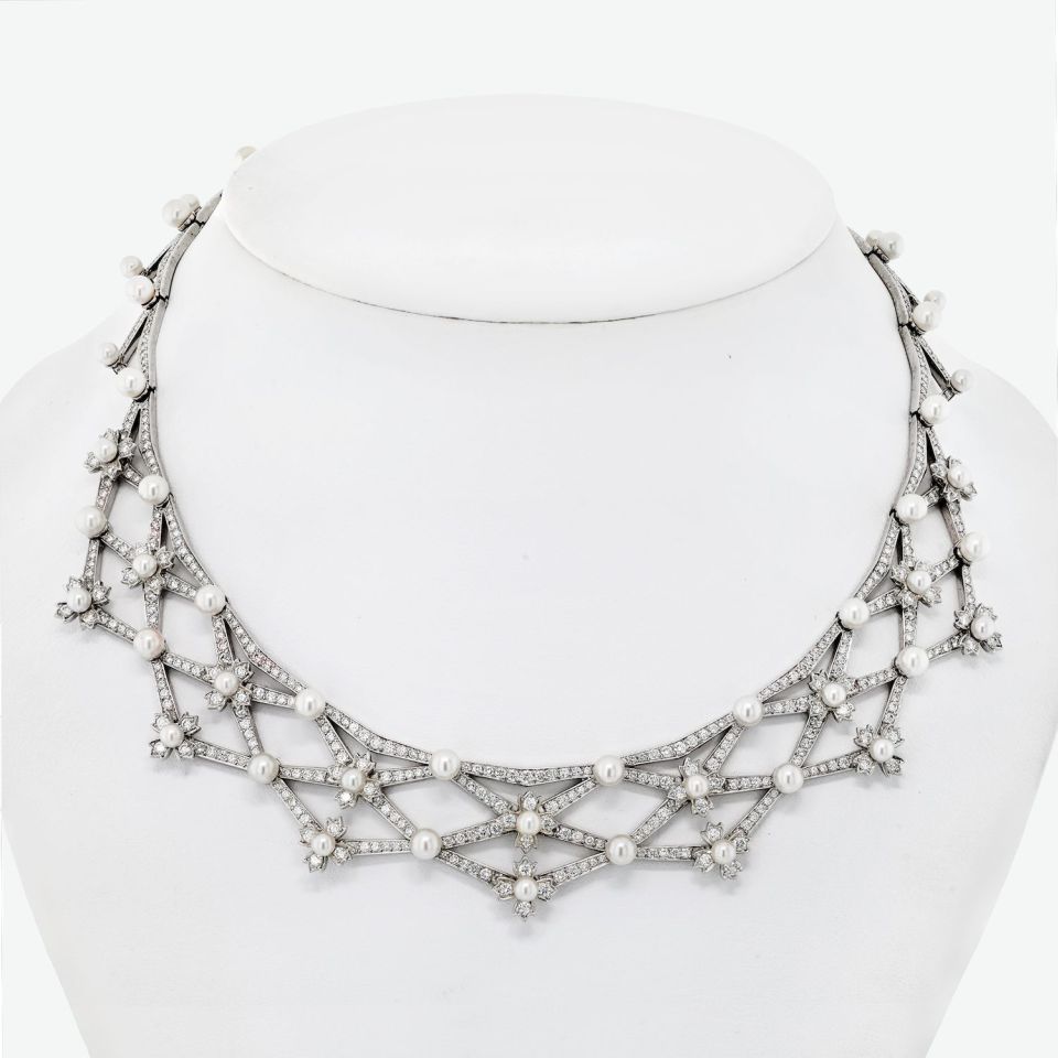 Tiffany Platinum 15ct Diamond Akoya Pearl Bib Necklace 88g