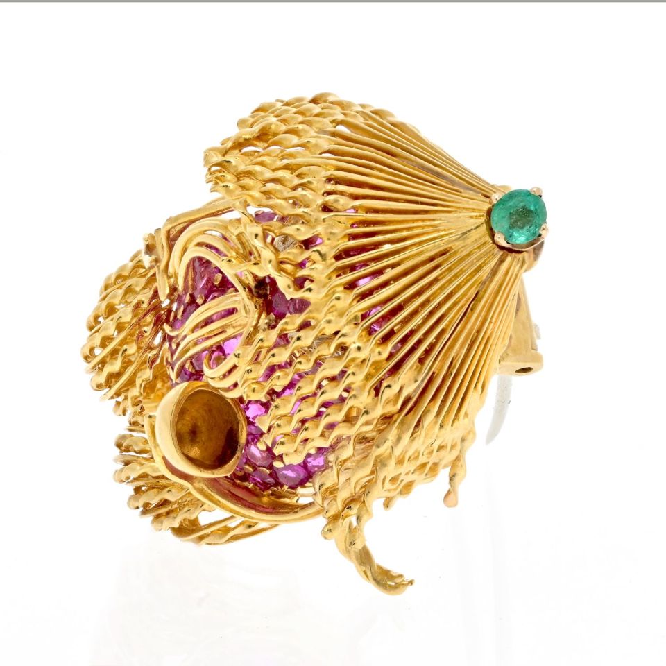 Tiffany Schlumberger 18K Gold Emerald Pink Sapphire Noodle Brooch