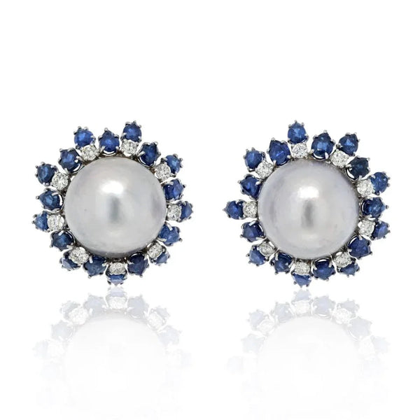 David Webb Platinum & 18K White Gold Sapphire, Diamond, Pearl Earrings