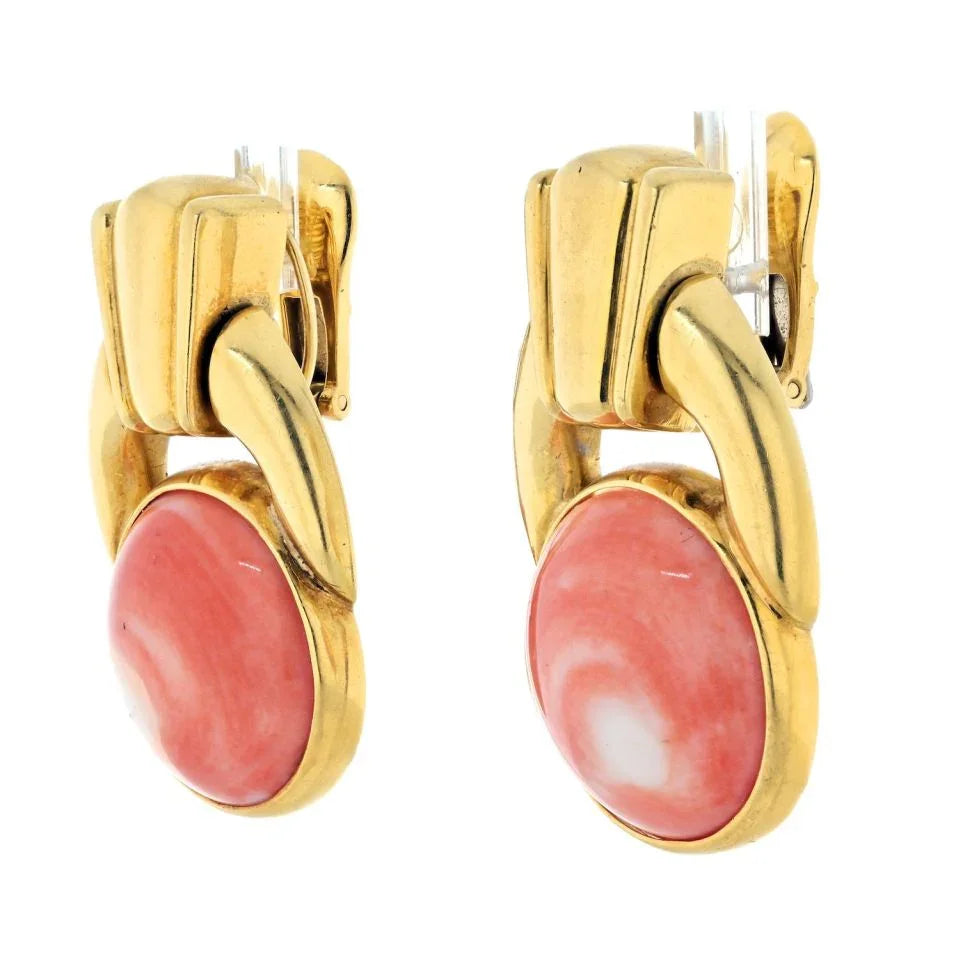 David Webb Platinum & 18K Yellow Gold Coral Button Doorknockers Earrings — view 2 — Laura Milman New York