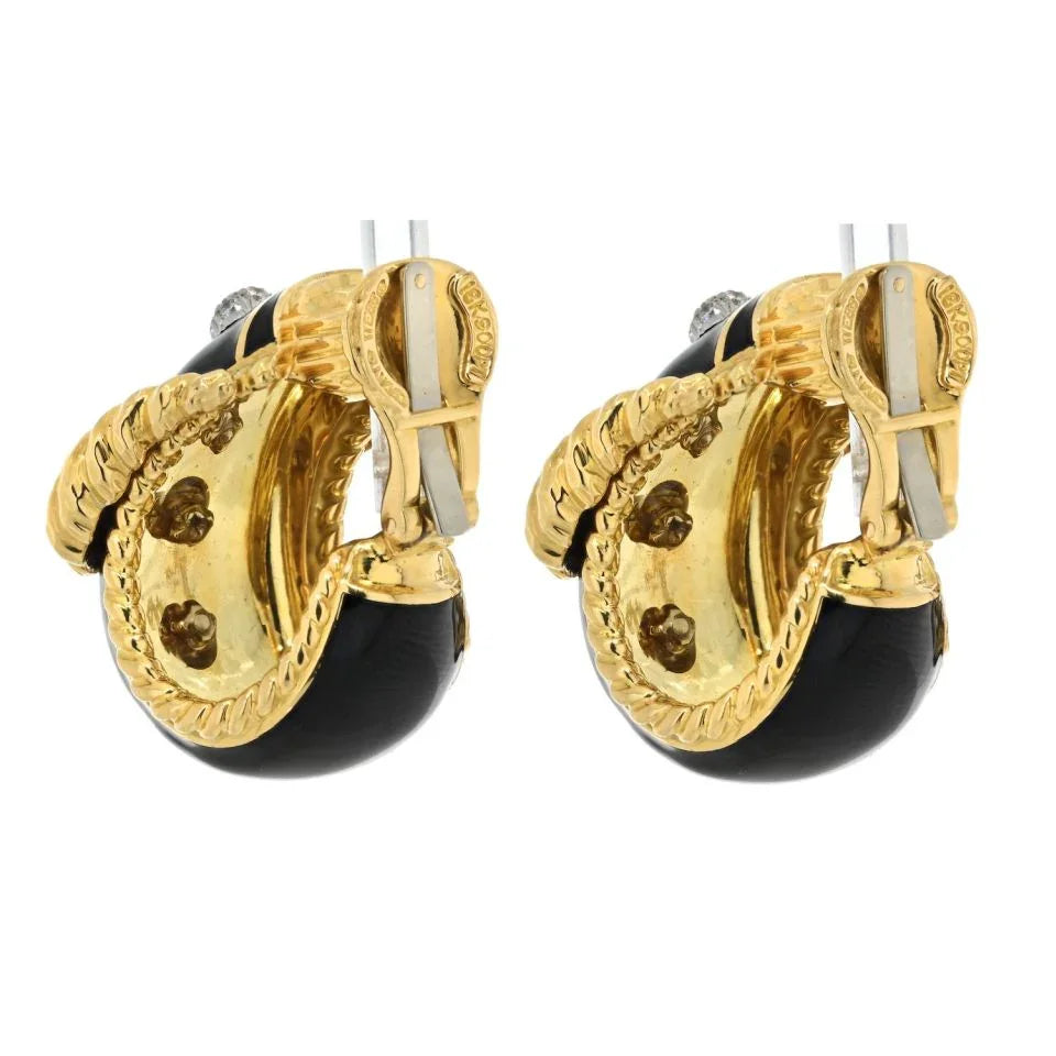 David Webb Platinum & 18K Yellow Gold Buckle Diamond Black Enamel Earrings — view 3 — Laura Milman New York
