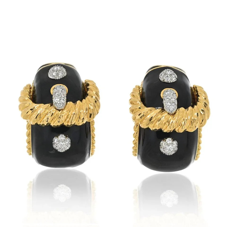 David Webb Platinum & 18K Yellow Gold Buckle Diamond Black Enamel Earrings — Laura Milman New York