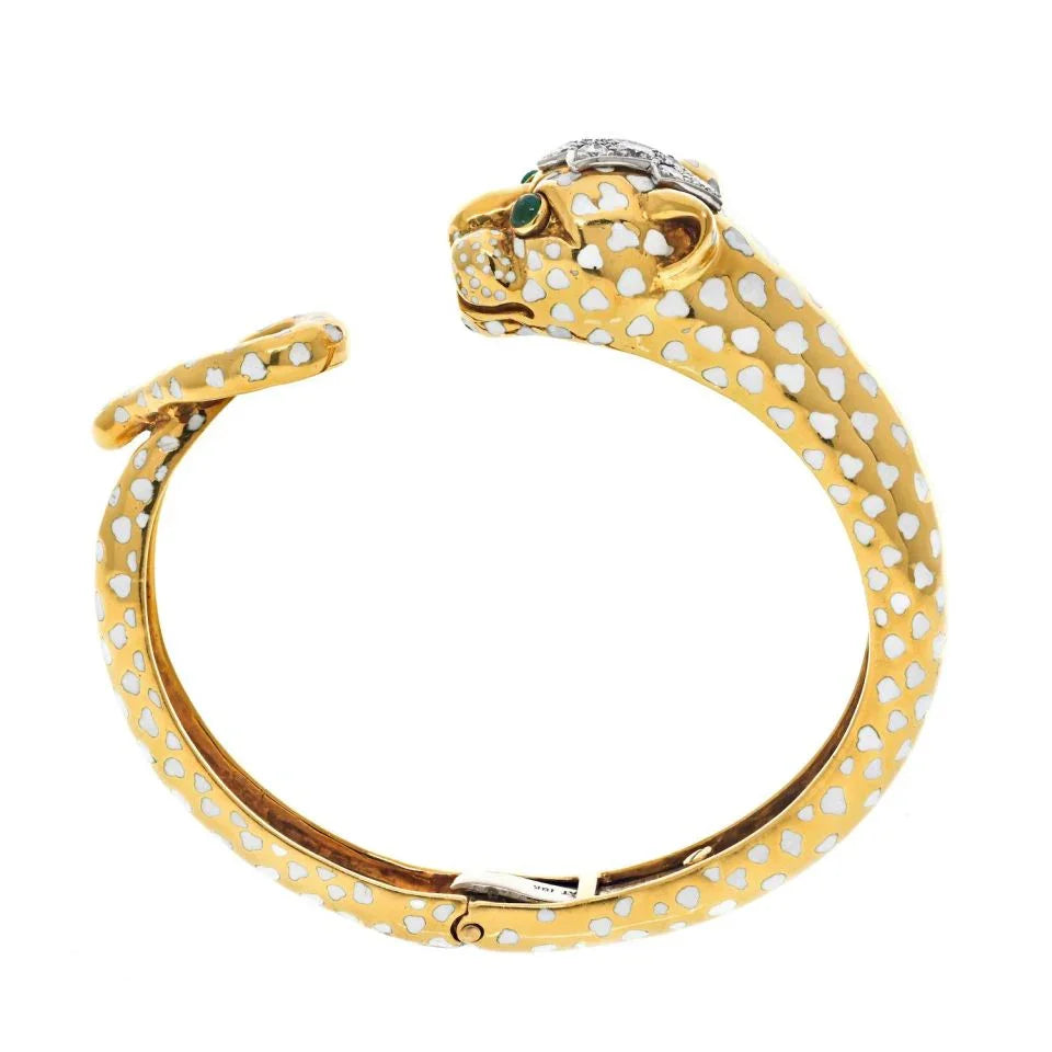 David Webb Platinum & 18K Yellow Gold White Spotted Panthere Cuff Bangle Bracelet — view 4 — Laura Milman New York