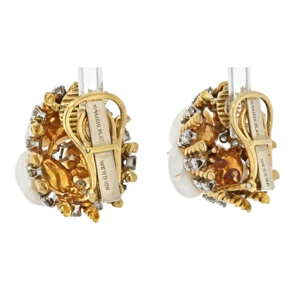 David Webb Platinum & 18K Yellow Gold Diamond, Pearl, Dome Style Clip On Earrings — view 3 — Laura Milman New York