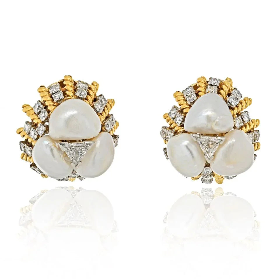 David Webb Platinum & 18K Yellow Gold Diamond, Pearl, Dome Style Clip On Earrings — Laura Milman New York