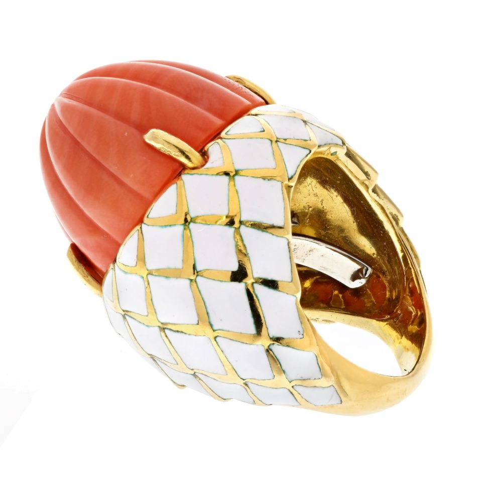 David Webb Bombe Platinum & 18K Yellow Gold Carved Coral White Enamel Ring — view 3 — Laura Milman New York