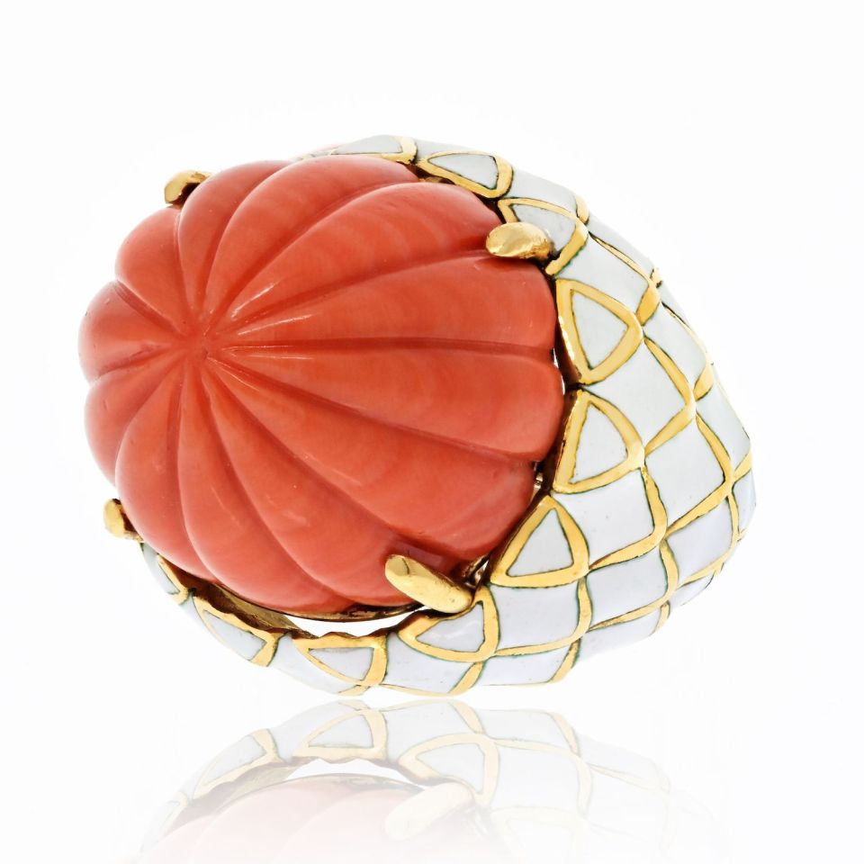 David Webb Bombe Platinum & 18K Yellow Gold Carved Coral White Enamel Ring — Laura Milman New York