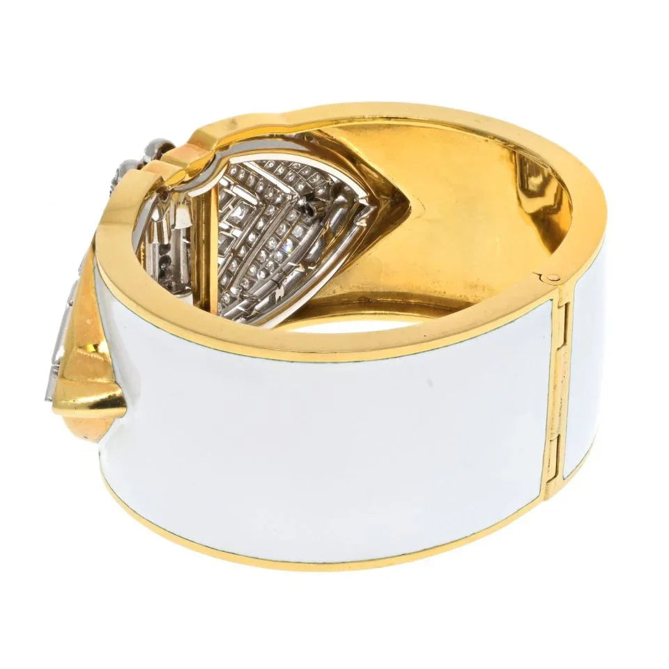 David Webb Platinum & 18K Yellow Gold White Enamel Shield Diamond Clips Cuff Bracelet — view 3 — Laura Milman New York