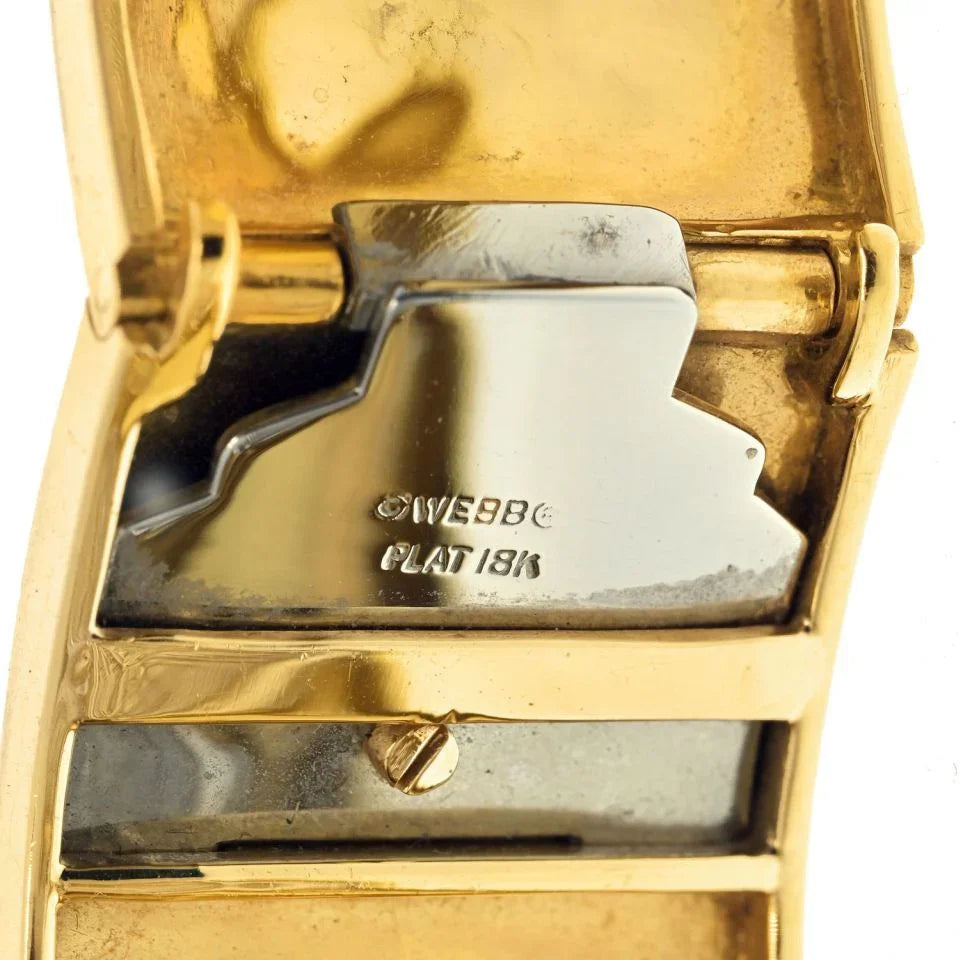 David Webb Platinum & 18K Yellow Gold White Enamel Shield Diamond Clips Cuff Bracelet — view 5 — Laura Milman New York
