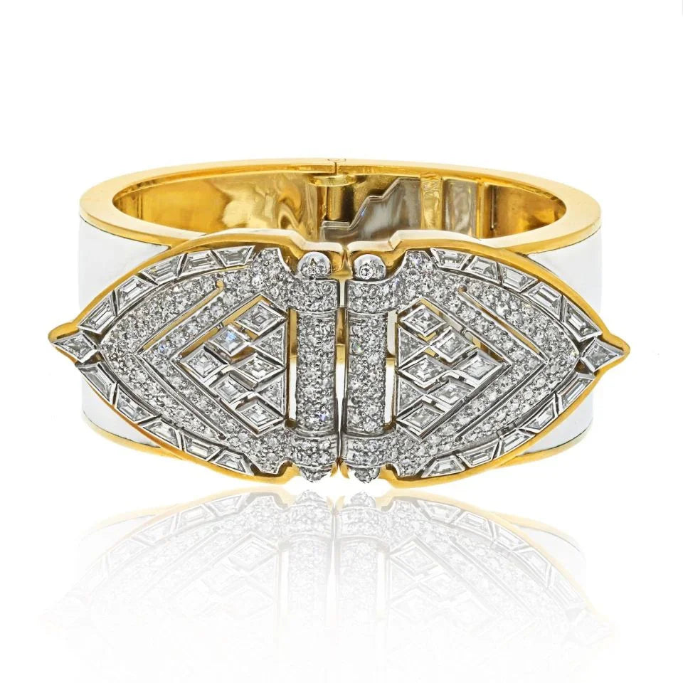 David Webb Platinum & 18K Yellow Gold White Enamel Shield Diamond Clips Cuff Bracelet — Laura Milman New York