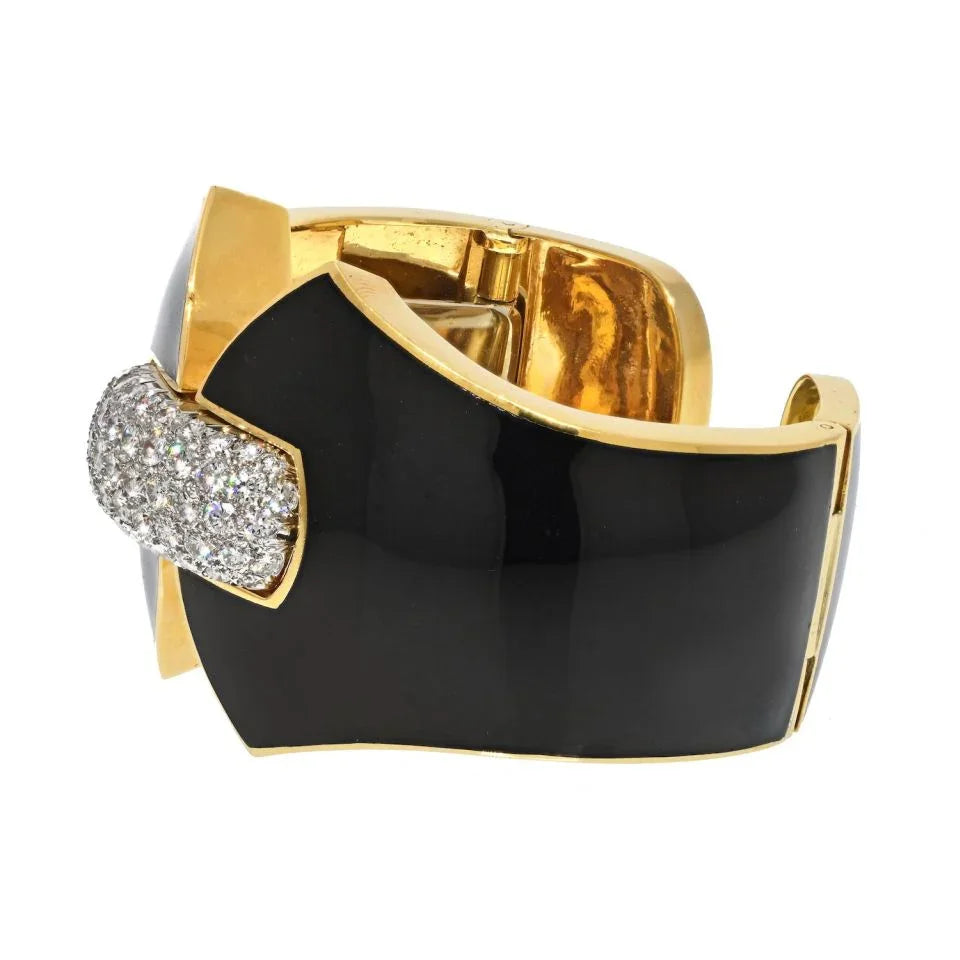 David Webb Platinum & 18K Yellow Gold Princess Lilian Black Enamel Diamond Cuff Bracelet — view 2 — Laura Milman New York