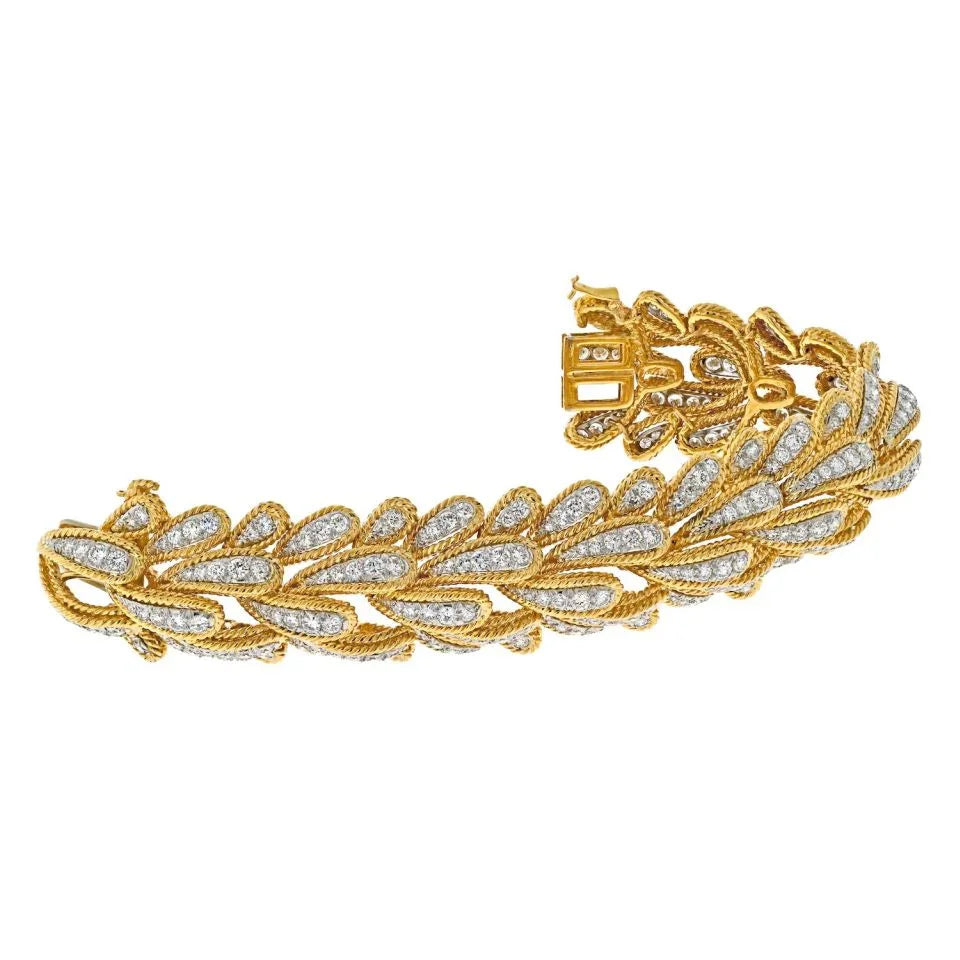 David Webb Platinum & 18K Yellow Gold 15.00cttw Bombe Diamond Leaf Motif Bracelet — view 2 — Laura Milman New York