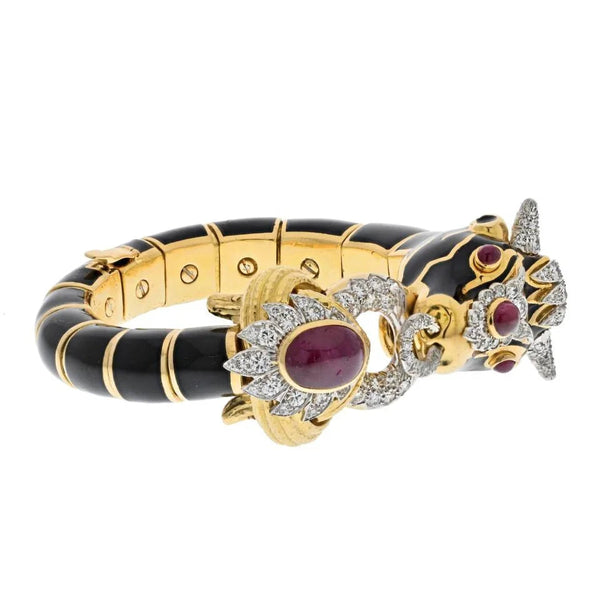 David Webb Platinum & 18K Yellow Gold Black Enamel Red Ruby Diamond Bull Bracelet — view 2