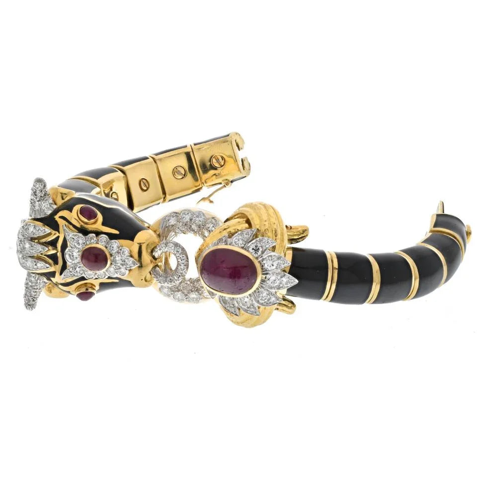 David Webb Platinum & 18K Yellow Gold Black Enamel Red Ruby Diamond Bull Bracelet — view 3 — Laura Milman New York