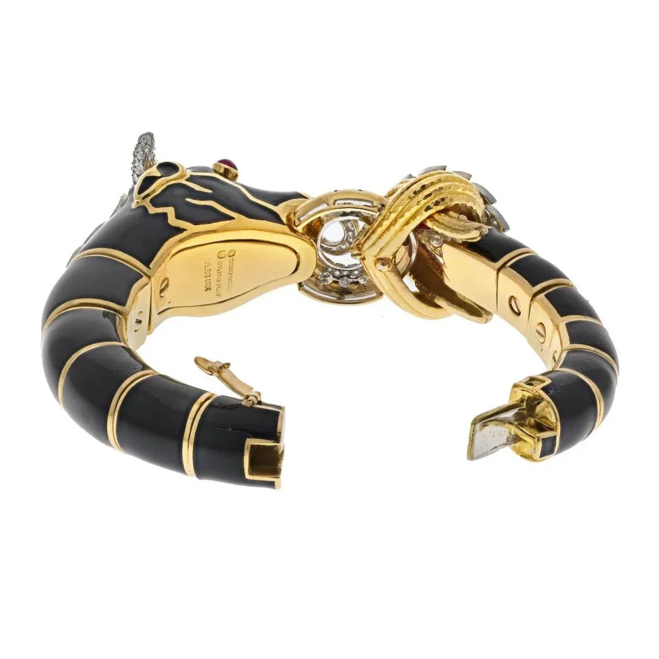 David Webb Platinum & 18K Yellow Gold Black Enamel Red Ruby Diamond Bull Bracelet — view 4 — Laura Milman New York