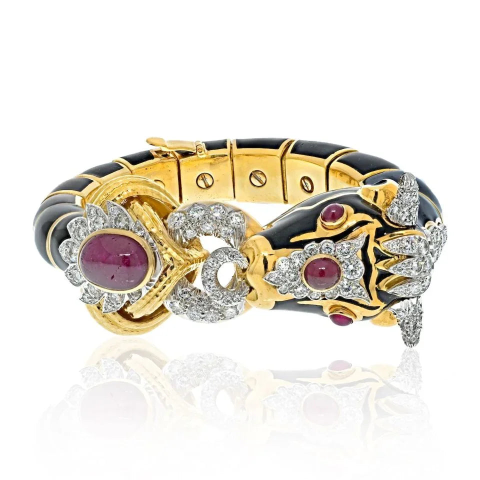 David Webb Platinum & 18K Yellow Gold Black Enamel Red Ruby Diamond Bull Bracelet — Laura Milman New York