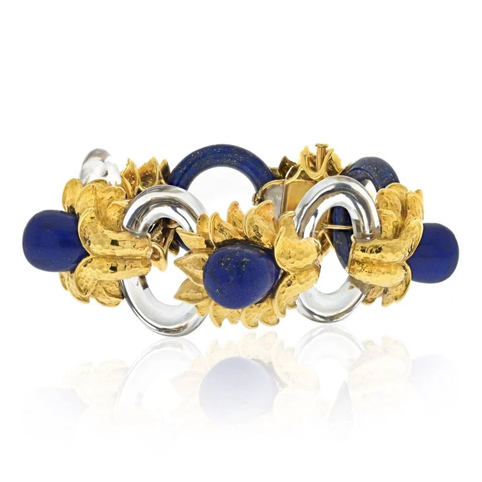 David Webb Platinum & 18K Yellow Gold Rock Crystal Lapis Floral Style Bracelet — Laura Milman New York