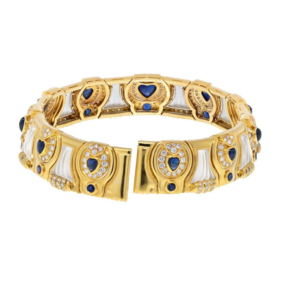 David Webb Collar Platinum & 18K Yellow Gold Diamond Sapphire Rock Crystal Choker Necklace — view 2 — Laura Milman New York