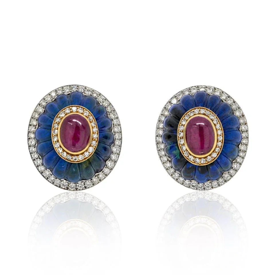 David Webb Platinum & 18K Yellow Gold Carved Azurmalachite, Diamond, Ruby Clip Earrings — Laura Milman New York