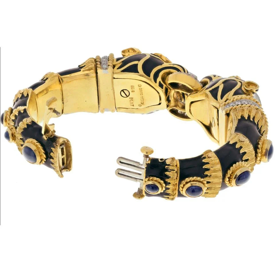 David Webb Platinum & 18K Yellow Gold Double Lion Black Enamel Sapphire Eyes Diamonds Bracelet — view 3 — Laura Milman New York