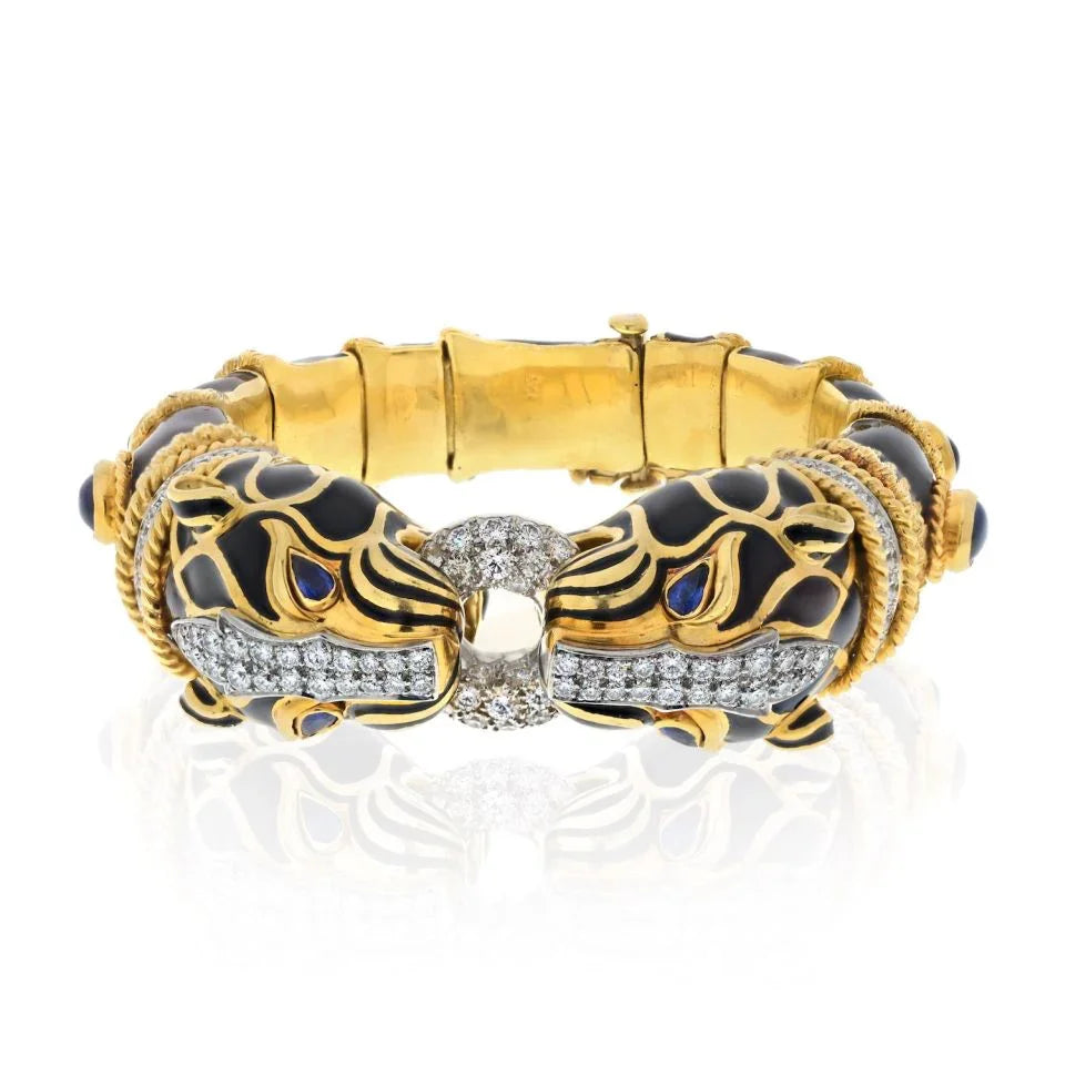 David Webb Platinum & 18K Yellow Gold Double Lion Black Enamel Sapphire Eyes Diamonds Bracelet — Laura Milman New York