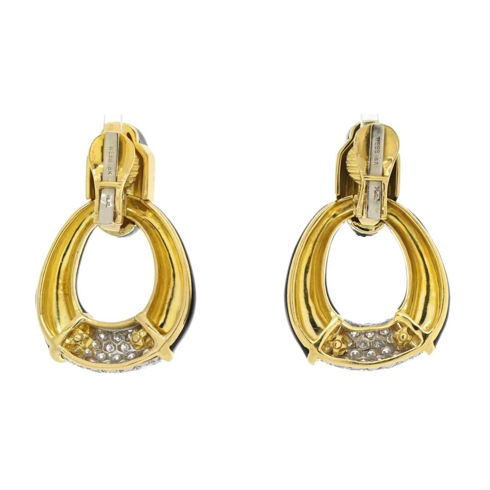 David Webb Platinum & 18K Yellow Gold Black Enamel, Diamonds, Door Knocker Earrings — view 4 — Laura Milman New York