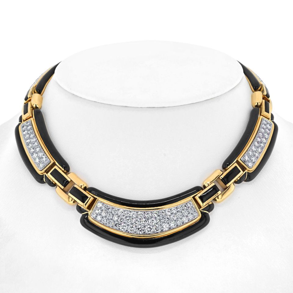 David Webb Collar Platinum & 18K Yellow Gold Black Enamel Diamond Collar 9.00cttw Necklace — Laura Milman New York