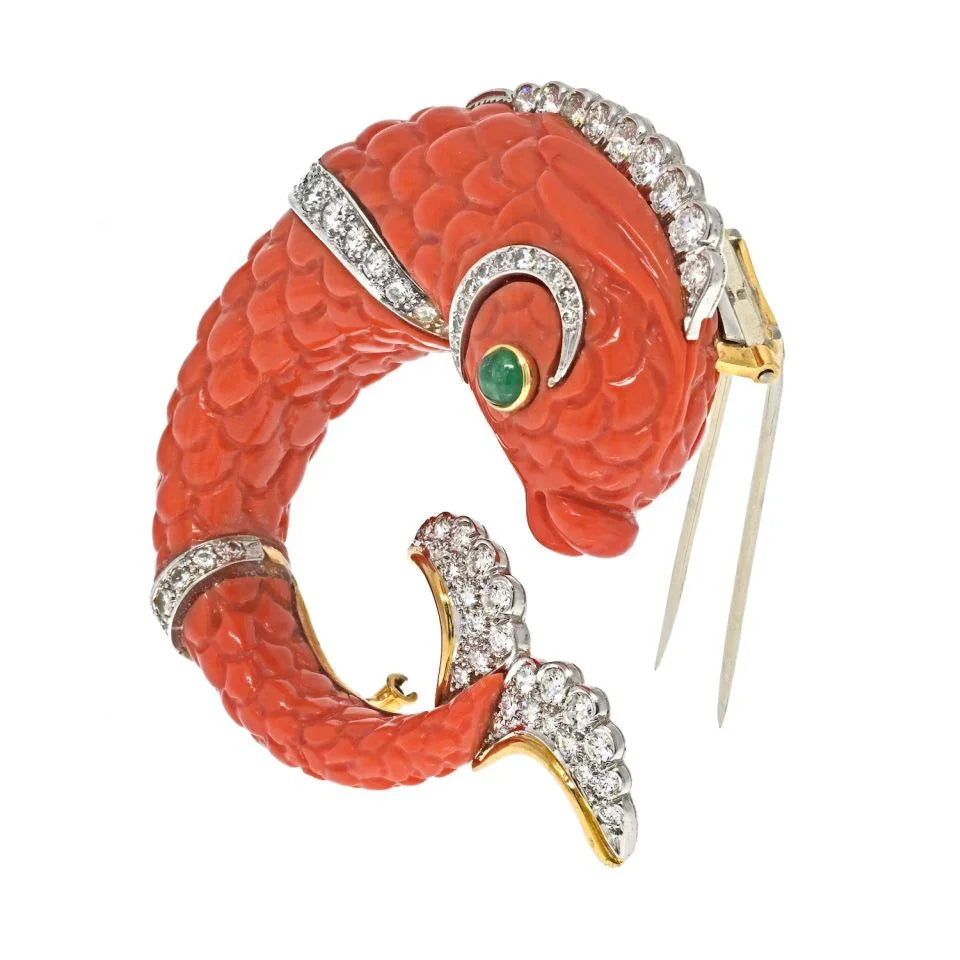 David Webb Platinum Carved Coral Dolphin Clip Brooch — view 2 — Laura Milman New York